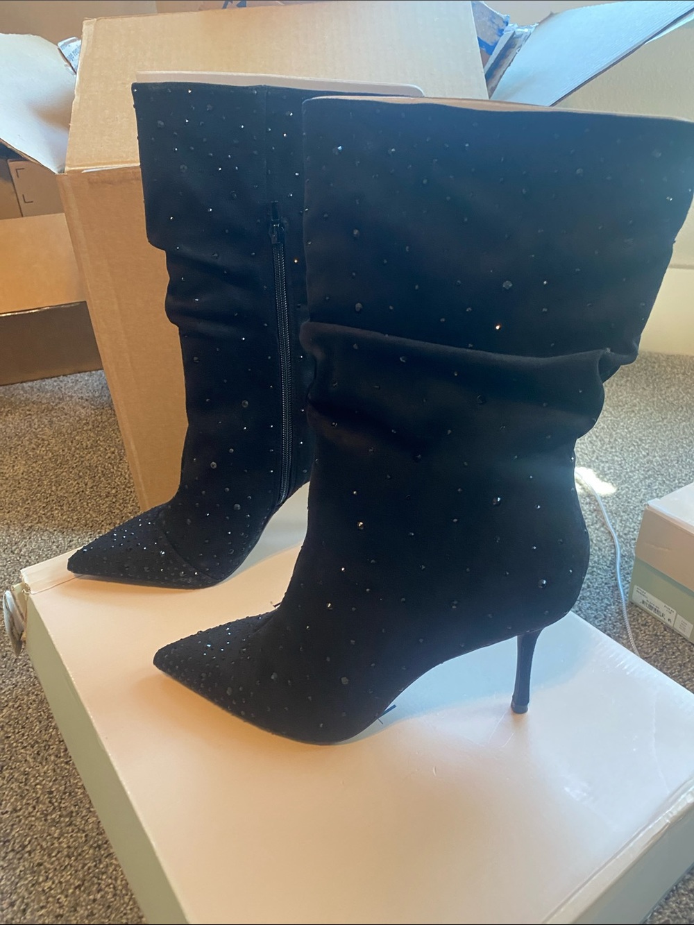 Thalia Sodi Black Rhinestone Mid-Calf Pointed-Toe Stiletto Boots Size 11